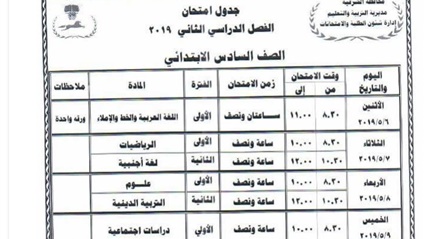 جدول امتحانات الصف
